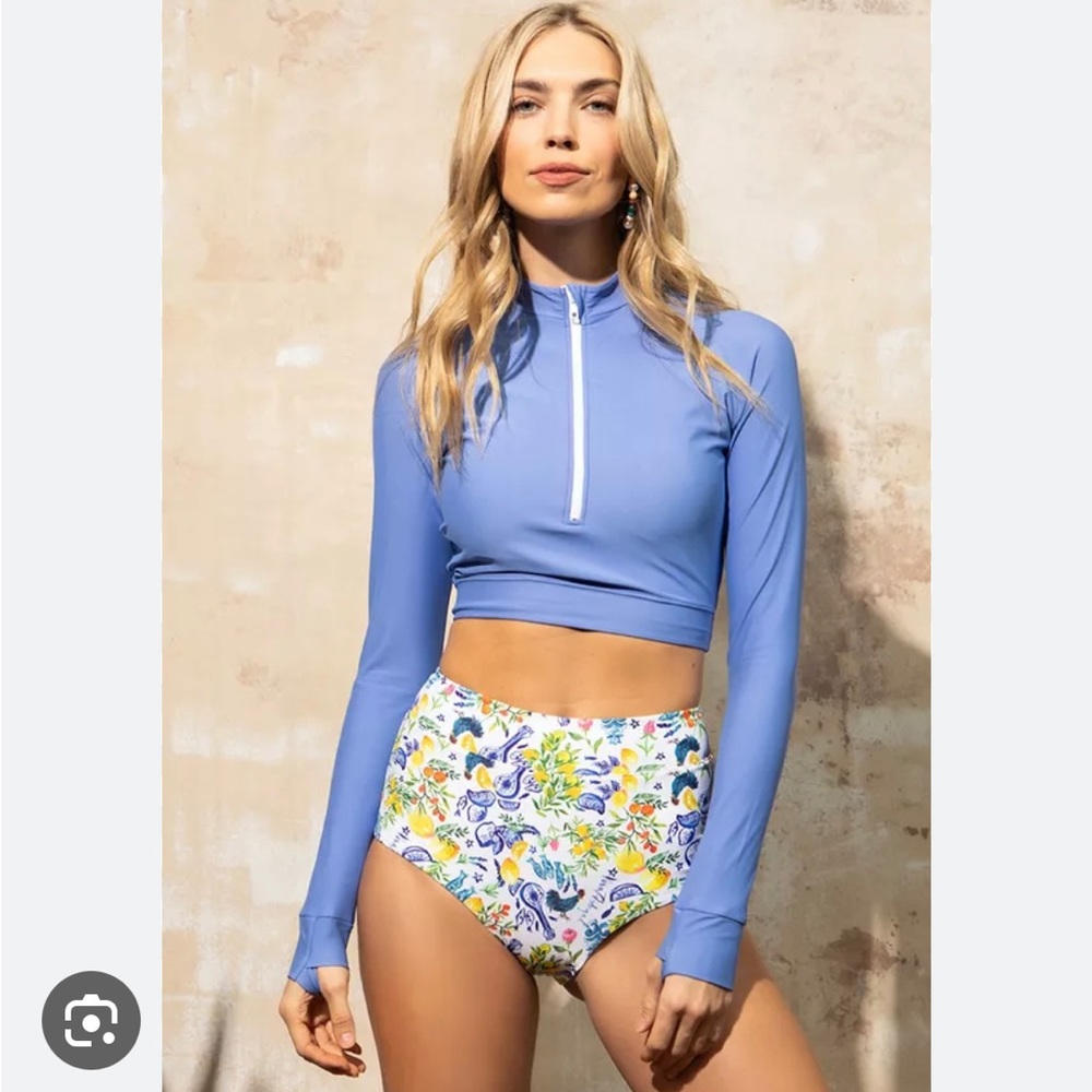 Blue half zip bikini rash guard // Long Sleeve Cropped Rash Guard